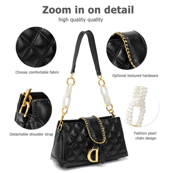 Shoulder Handbag for Women, Soft Quilted Clutch Purse Fashion Crossbody Bag With Pearl Chain - Image 3