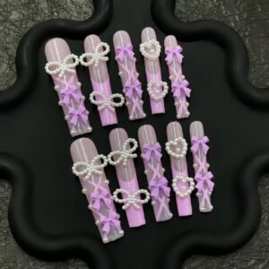 Pink Purple Pearl Bow Nails: Romantic Dreamy Girlish Accessories