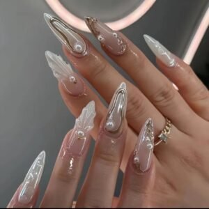 Luxurious 3D Pearl Gold Accent Coffin Nails