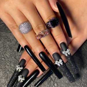 Nails with Black Glitter Rhinestone Bows : Trendy & Chic