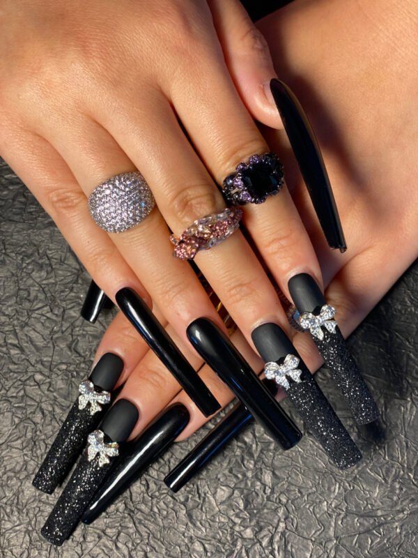 Nails with Black Glitter Rhinestone Bows : Trendy & Chic