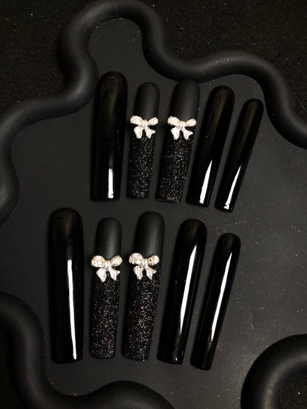 Nails with Black Glitter Rhinestone Bows : Trendy & Chic - Image 3