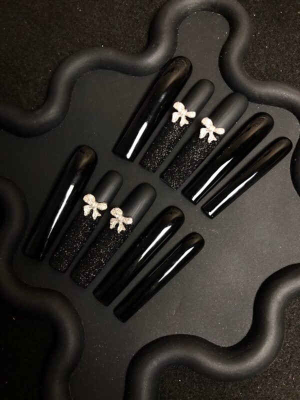 Nails with Black Glitter Rhinestone Bows : Trendy & Chic - Image 5