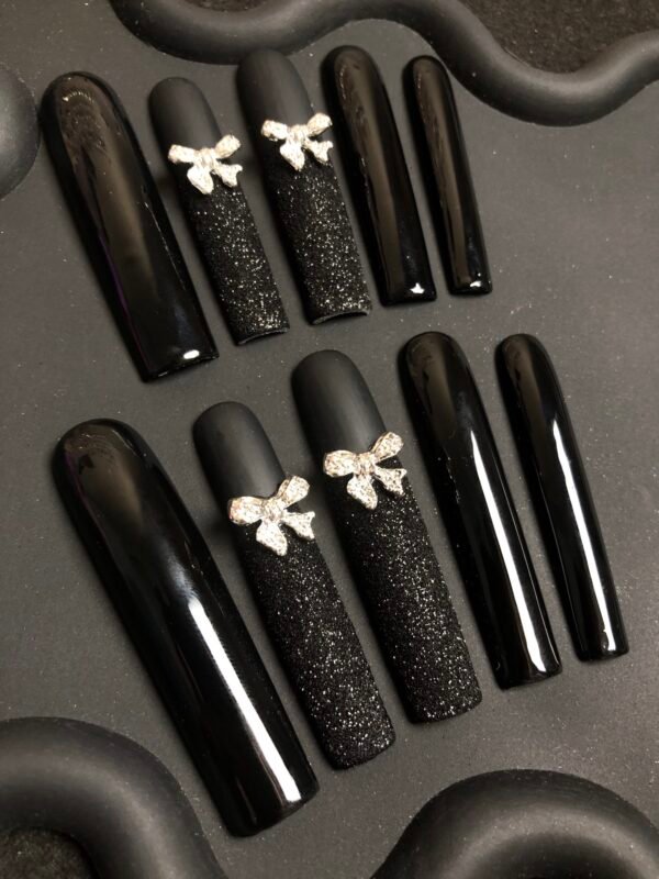 Nails with Black Glitter Rhinestone Bows : Trendy & Chic - Image 6