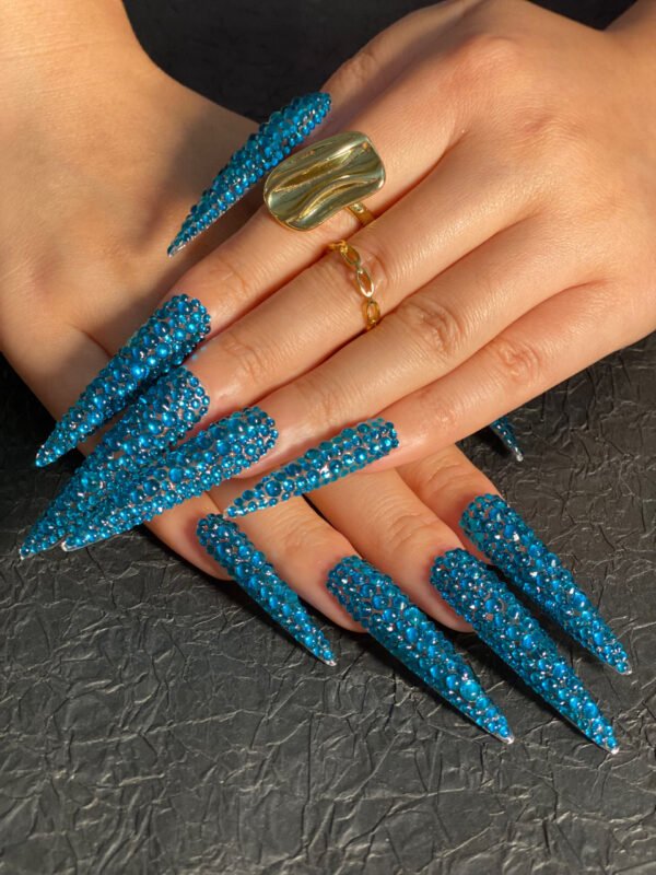 Sparkling Blue Gem Stiletto Nails - Image 3