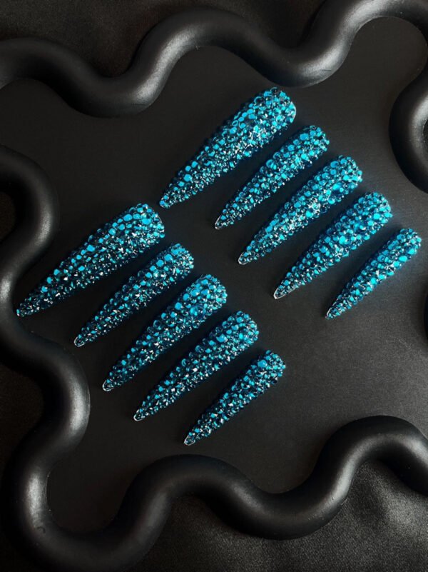 Sparkling Blue Gem Stiletto Nails - Image 5