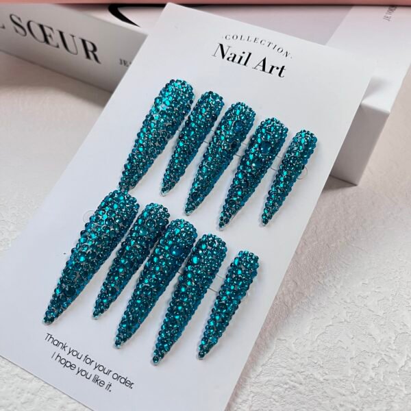 Sparkling Blue Gem Stiletto Nails - Image 2