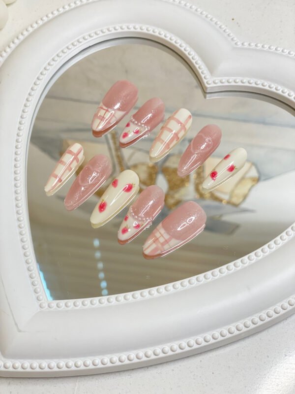 Sweet Strawberry Checkered Long Nails - Image 4