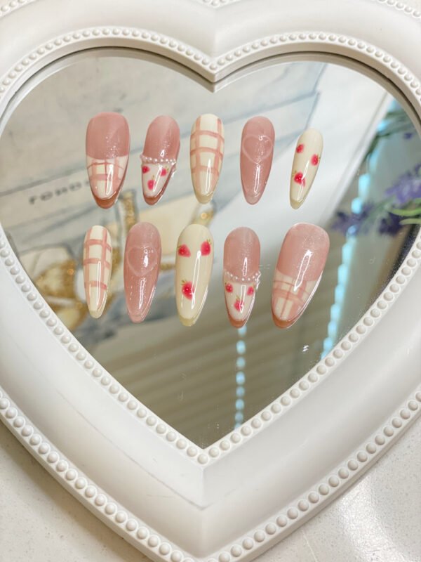 Sweet Strawberry Checkered Long Nails - Image 5