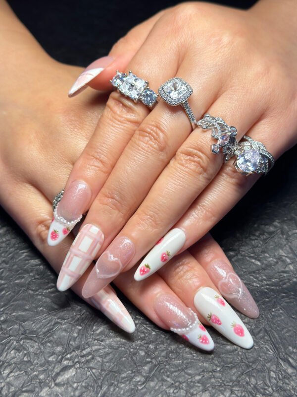 Sweet Strawberry Checkered Long Nails - Image 2